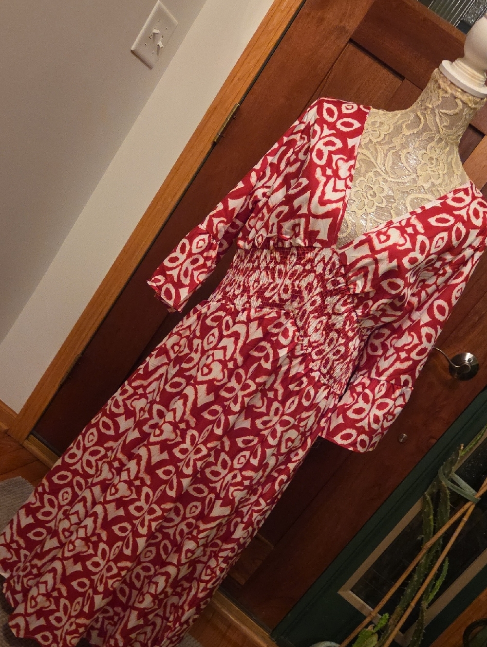 Red Patterned V-Neck Midi Dress